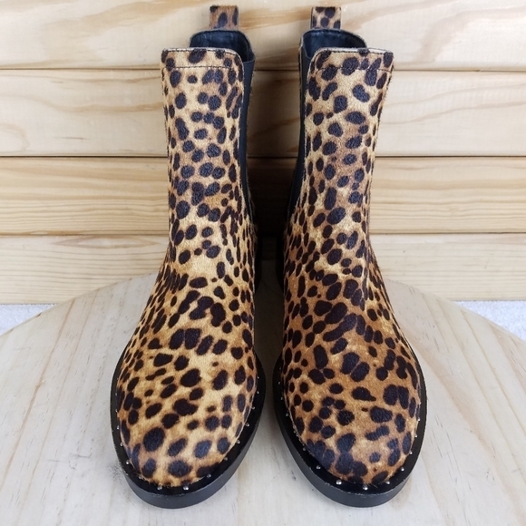 Rebecca Minkoff 7 US Sabeen Too Chelsea Boots Leopard Print Cow Fur Booties NEW - Picture 2 of 12